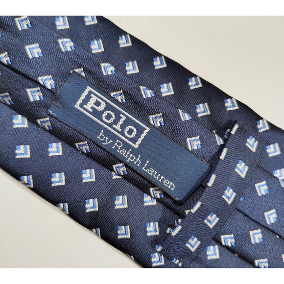 Polo Ralph Lauren Handmade Silk Tie Navy Blue  Geometric Preppy Made In USA - Picture 2 of 7